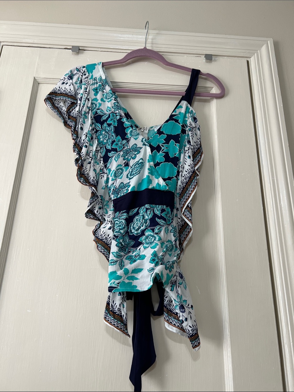 Lulumari Teal and Navy Floral One-Shoulder Tie-Waist Tunic